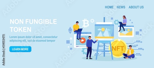 NFT as non-fungible token for digital blockchain unit. People making digital transaction for buying masterpieces. Online gallery nft art. Collectible digital file sale. Artist create crypto art