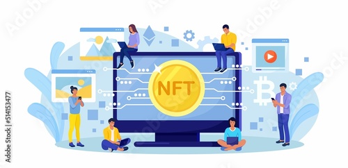 NFT Marketplace with Crypto Art Items on Sale and Blockchain Technology. People Use Non Fungible Token Cryptocurrency to Buy Exclusive Arts, Masterpieces and Antiquities in Cyber Space