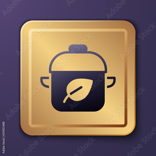 Purple Vegan food diet icon isolated on purple background. Organic, bio, eco symbol. Vegan, no meat, lactose free, healthy, fresh and nonviolent food. Gold square button. Vector