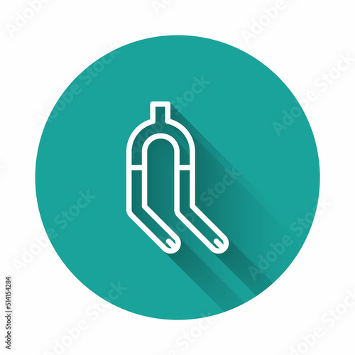 White line Bicycle suspension fork icon isolated with long shadow. Sport transportation spare part steering wheel. Green circle button. Vector