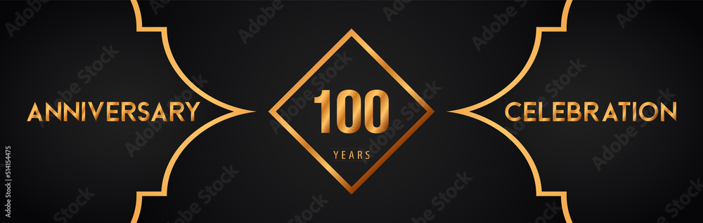 100th years anniversary logotype with gold line art deco background for the celebration event, wedding, greetings card, brochure, banner, poster, leaflet, graduation, happy birthday.