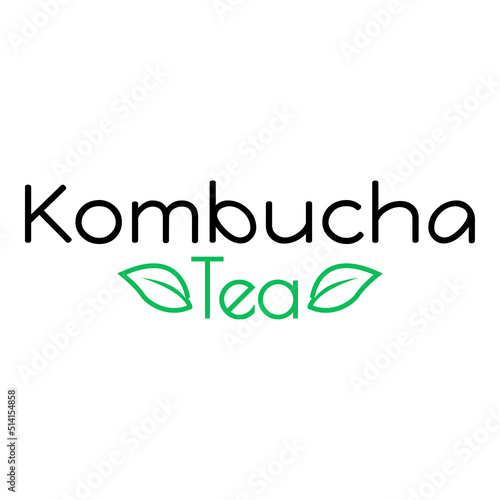 Banner con texto Kombucha Tea. Logo bar de té. Vector con silueta de hojas con líneas. Color verde y negro