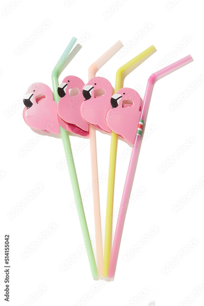 Close-up shot of a colored corrugated curved straws with a pink