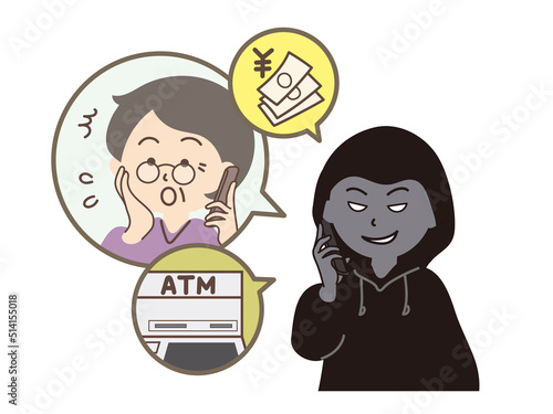 悪巧みの表情で電話する黒ずくめの男性と怪しい電話に困惑しているシニア女性2