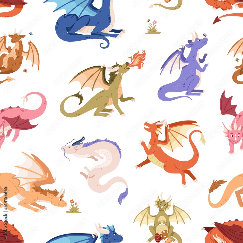 Obraz premium Cute dragons pattern. Seamless background with fantasy animals with wings. Repeating childish print with fairytale baby characters. Fairy kids texture design, decor. Flat cartoon vector illustration