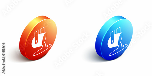 Isometric Molten gold being poured icon isolated on white background. Molten metal poured from ladle. Orange and blue circle button. Vector