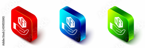 Isometric NFT Digital crypto art icon isolated on white background. Non fungible token. Red, blue and green square button. Vector