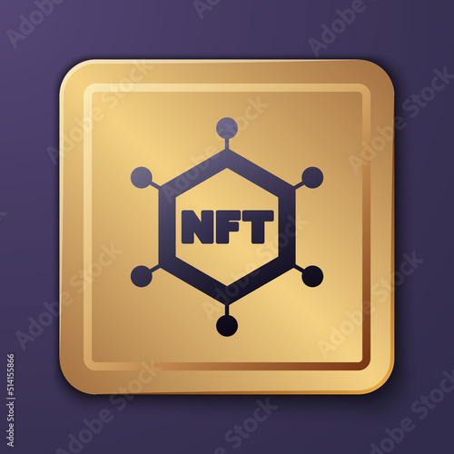 Purple NFT blockchain technology icon isolated on purple background. Non fungible token. Digital crypto art concept. Gold square button. Vector