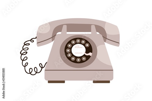 Retro telephone with rotary dial disc, headset. Old historical phone of 1954 type. 50s, 60s desk set. Obsolete telecommunication device. Flat vector illustration isolated on white background