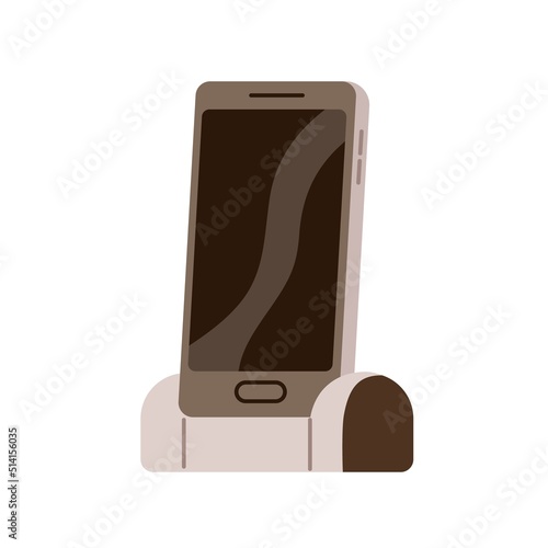 Mobile smart phone with touchscreen on charger base. First smartphone of 2010 type. Single-button cell device. 10s telephone gadget. Flat vector illustration isolated on white background