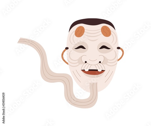 Noh mask of old beard man. Japan Kabuki theater head of Okina human. Japanese theatrical male face for Asian ethnic festival. Oriental flat vector illustration isolated on white background
