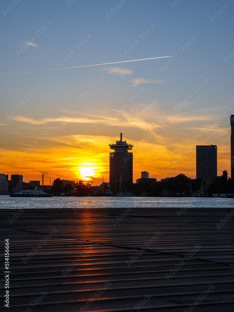 Sunset in Amsterdam with skyline and buildings