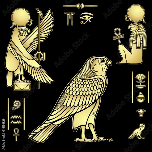 Animation color drawing: set of images of sacred Egyptian Falcon bird. Animal and human. Vector illustration isolated on a black background. Imitation of gold.