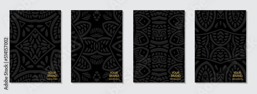 Cover set, vertical ethnic templates. Collection of vintage backgrounds with 3D relief geometric pattern. Tribal ornaments based on East, Asia, India, Mexico, Aztecs, Peru.