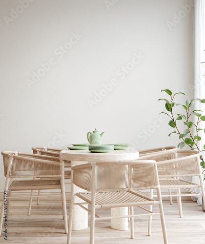 Cozy light dining room interior background, 3d render photo