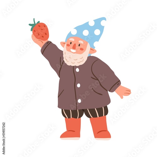 Cute happy garden dwarf holding strawberry. Fairytale gnome with summer berry...