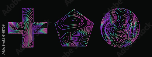 Set of holographic shapes on a dark background. Elements for logotype design.