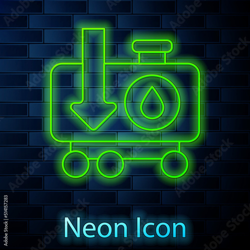 Glowing neon line Drop in crude oil price icon isolated on brick wall background. Oil industry crisis concept. Vector