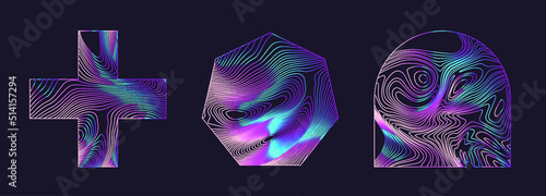 Set of holographic shapes on a dark background. Elements for logotype design.