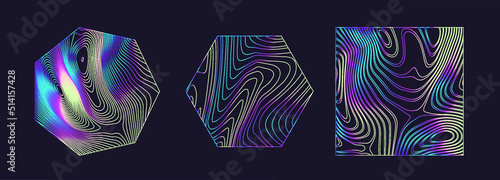 Set of holographic shapes on a dark background. Elements for logotype design.