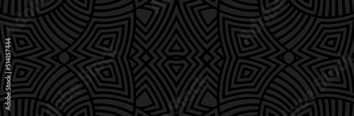 Banner, cover geometric design. Embossed ethnic 3D pattern on a black background in art deco style. Tribal abstract ornaments of East, Asia, India, Mexico, Aztecs, Peru for brochure, booklet, flyer.