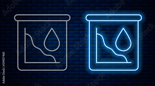 Glowing neon line Drop in crude oil price icon isolated on brick wall background. Oil industry crisis concept. Vector