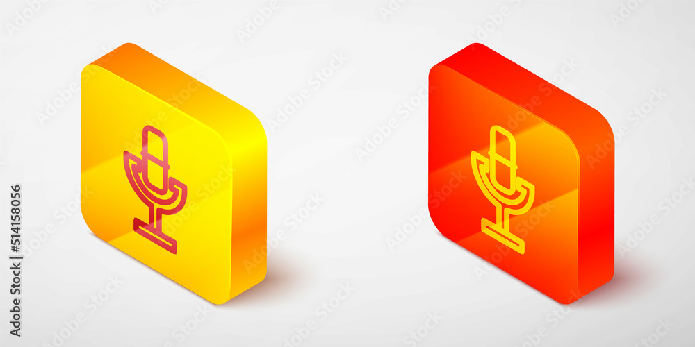 Isometric line Microphone icon isolated on grey background. On air radio mic microphone. Speaker sign. Yellow and orange square button. Vector Isometric line Microphone icon isolated on grey background. On air radio mic microphone. Speaker sign. Yellow and orange square button. Vector