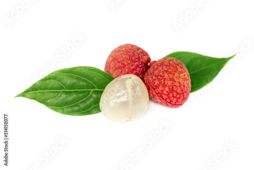 Fresh lychee and peeled showing the red skin 