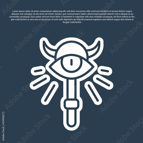 Blue line Magic staff icon isolated on blue background. Magic wand, scepter, stick, rod. Vector