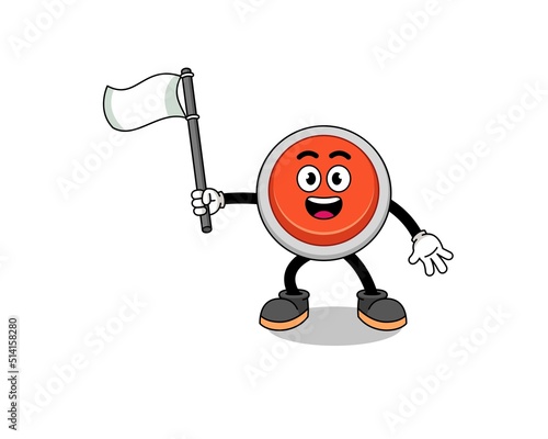 Cartoon Illustration of emergency button holding a white flag