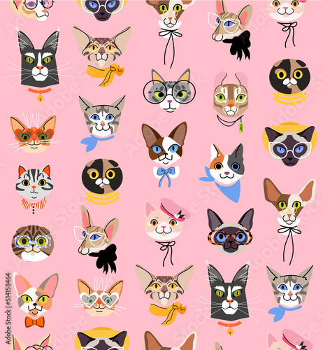 Cute cats head vector seamless pattern. Funny cat characters with glasses, hat and bow. Isolated on pink background photo