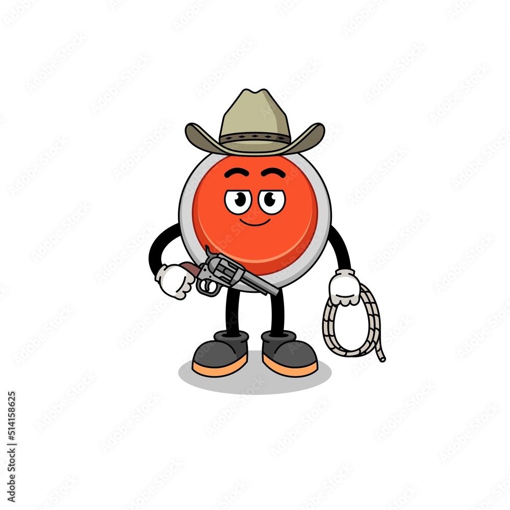 Character mascot of emergency button as a cowboy