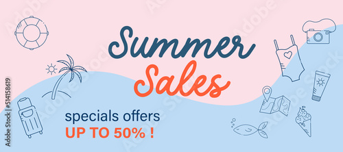 Bannière soldes d'été. Illustration vectorielle avec des pictogrammes, des icones sur le thème de l'été. Message "Summer Sales" avec offres promotionnelles.