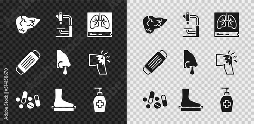 Set Hepatitis virus, Microscope, Lungs x-ray, Medicine pill or tablet, Flat foot, Liquid antibacterial soap, Medical protective mask and Runny nose icon. Vector