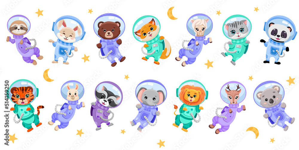Set of cute animals astronauts in space suits. Hand drawn cartoon vector illustration with galaxy team  in stars with moon for children print design, nursery, wrapping paper or notebook cover.