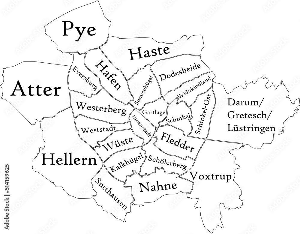 White flat vector administrative map of OSNABRÜCK, GERMANY with name tags and black border lines of its districts
