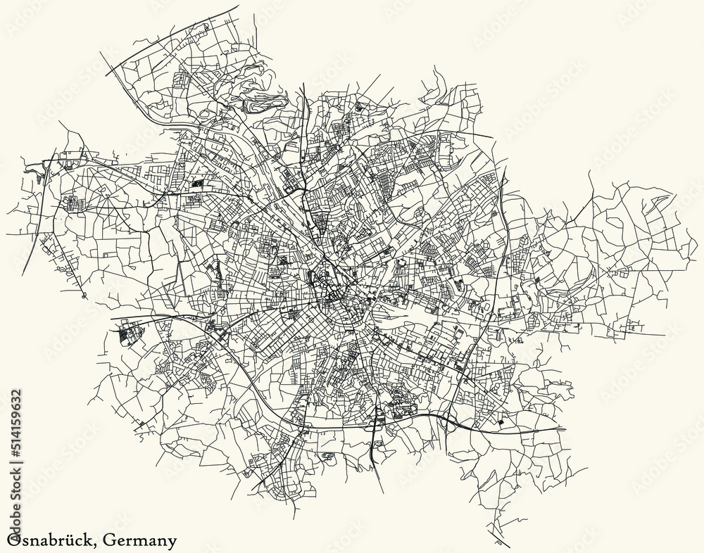Detailed navigation black lines urban street roads map of the German regional capital city of OSNABRÜCK, GERMANY on vintage beige background