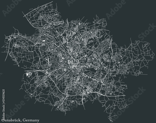Detailed negative navigation white lines urban street roads map of the German regional capital city of OSNABRÜCK, GERMANY on dark gray background