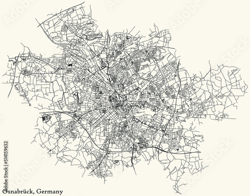 Detailed navigation black lines urban street roads map of the German regional capital city of OSNABRÜCK, GERMANY on vintage beige background