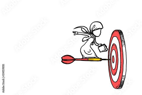 Asian muslim woman reaching the target. Business goals and objectives concept. Cartoon vector illustration design