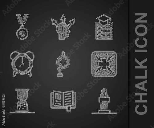 Set Whistle, Reading book, Speaker, Target, Old hourglass with sand, Alarm clock, Online education and Medal icon. Vector