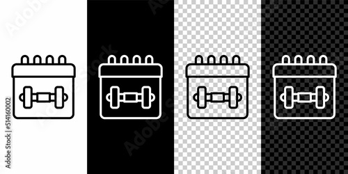 Set line Calendar fitness icon isolated on black and white, transparent background. Training schedule. Vector