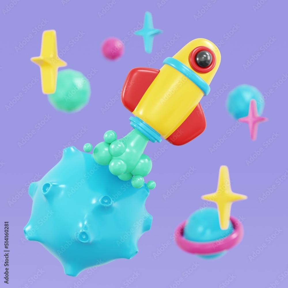 3D Rendering of spaceship launching to space with planet concept discover galaxy. 3d render illustration cartoon style. 3D Rendering of spaceship launching to space with planet concept discover galaxy. 3d render illustration cartoon style.
