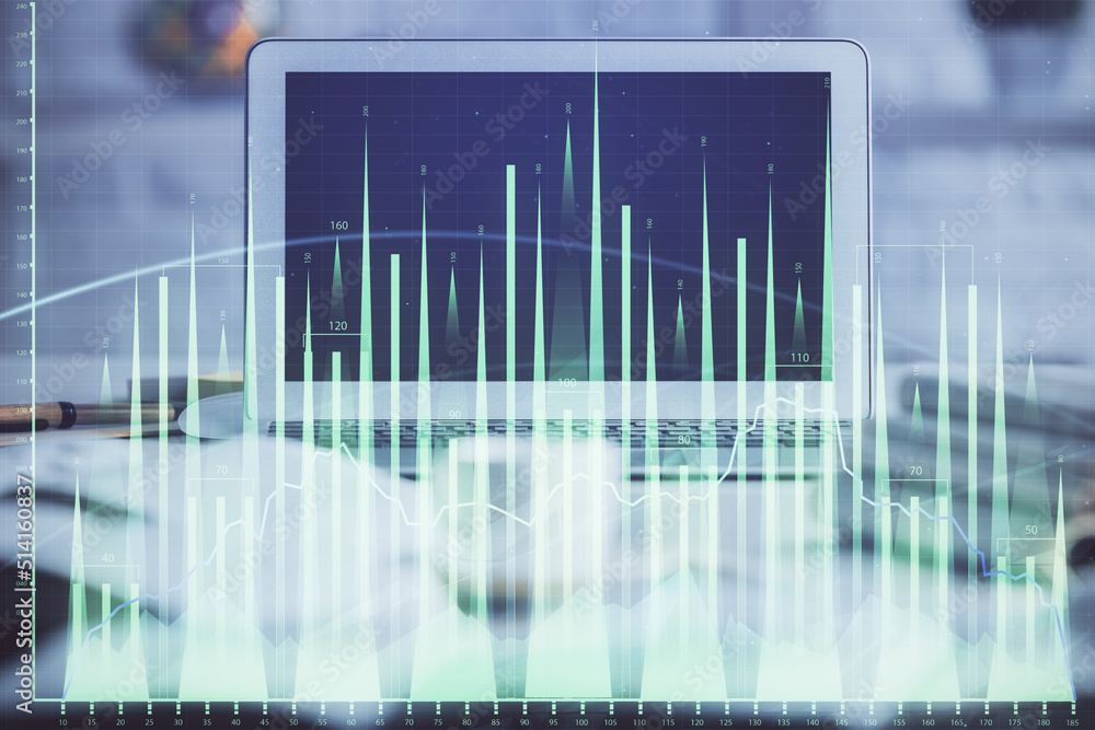 Forex market chart hologram and personal computer background. Double exposure. Concept of investment. Forex market chart hologram and personal computer background. Double exposure. Concept of investment.