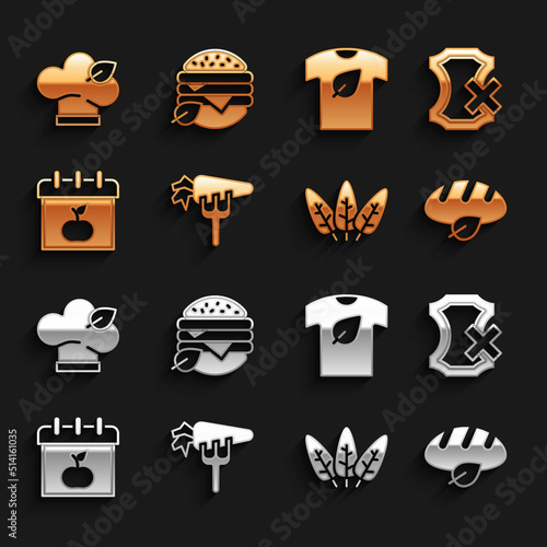Set Carrot, No leather, Vegan bread loaf, Leaf, World Vegetarian day, shirt, food diet and icon. Vector