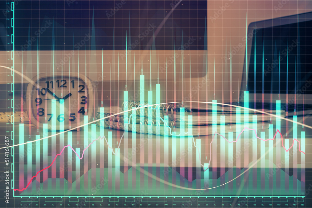 Forex market chart hologram and personal computer background. Double exposure. Concept of investment. Forex market chart hologram and personal computer background. Double exposure. Concept of investment.
