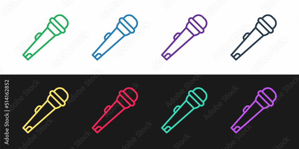 Set line Microphone icon isolated on black and white background. On air radio mic microphone. Speaker sign. Vector