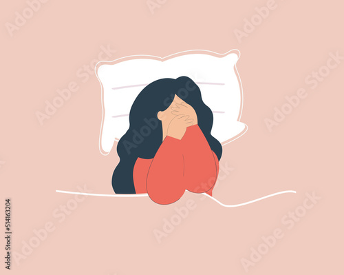 Woman in depression suffers from insomnia at night. Girl with sleep disorder covers face and has confused thoughts on the bed. Concept of sleeplessness, nightmare, mental health illness. Vector stock
