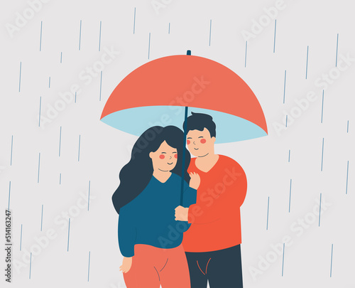 Young woman and man embrace each other and hide from the rain under an open umbrella. Happy couple hug each other with care and love. Valentine day, romantic relationships concept. Vector illustration