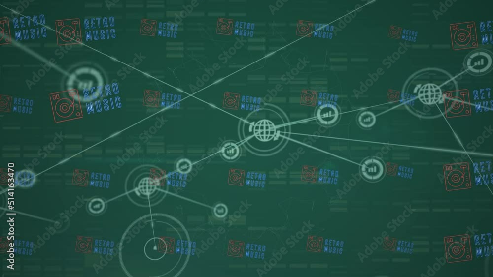 Animation of network of connections over data processing on green background Animation of network of connections over data processing on green background